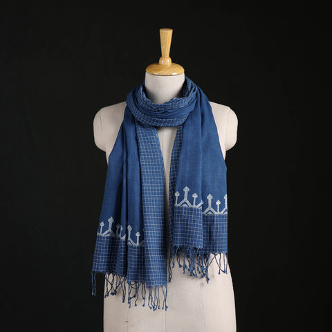 Blue - Phulia Jamdani Pure Handloom Cotton Stole with Tassels 08
