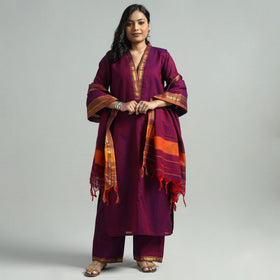 Dark Pink - Dharwad Cotton Kurta with Palazzo & Dupatta Set