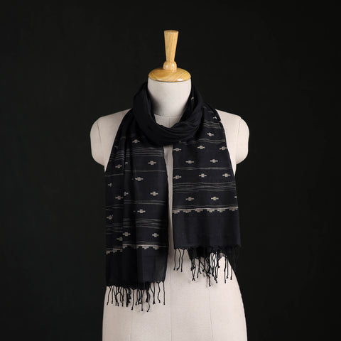 Black - Phulia Jamdani Pure Handloom Cotton Stole with Tassels 09