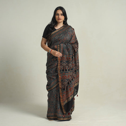 Blue - Block Printed Chanderi Silk Ajrakh Saree 12