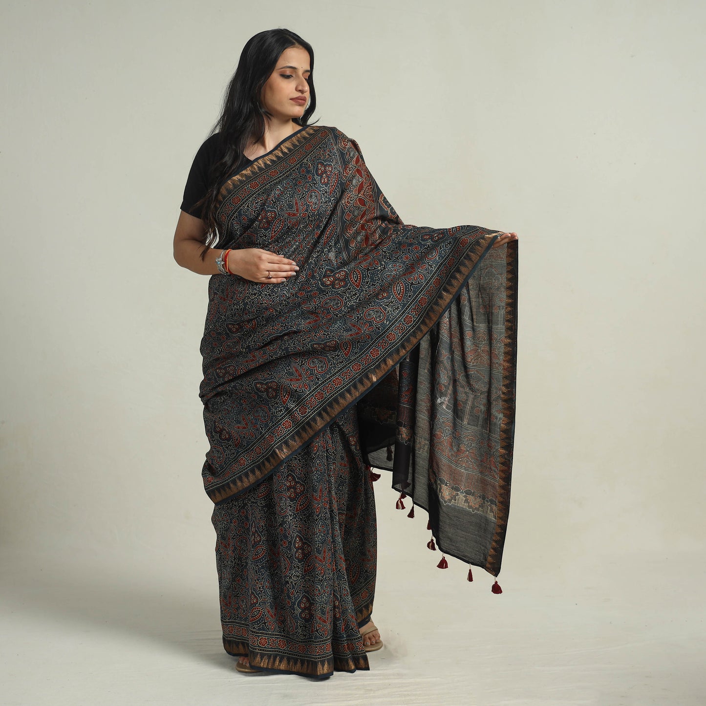 Blue - Block Printed Chanderi Silk Ajrakh Saree 12