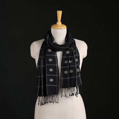 Black - Phulia Jamdani Pure Handloom Cotton Stole with Tassels 10