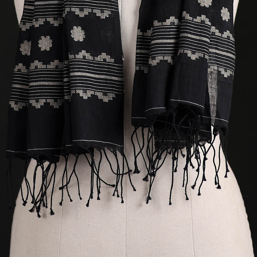 Phulia Jamdani Pure Handloom Cotton Stole with Tassels 1 1