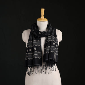 Black - Phulia Jamdani Pure Handloom Cotton Stole with Tassels 1 1