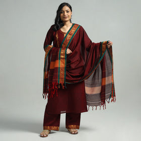 Maroon - Dharwad Cotton Kurta with Palazzo & Dupatta Set