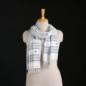 White - Phulia Jamdani Pure Handloom Cotton Stole with Tassels 12