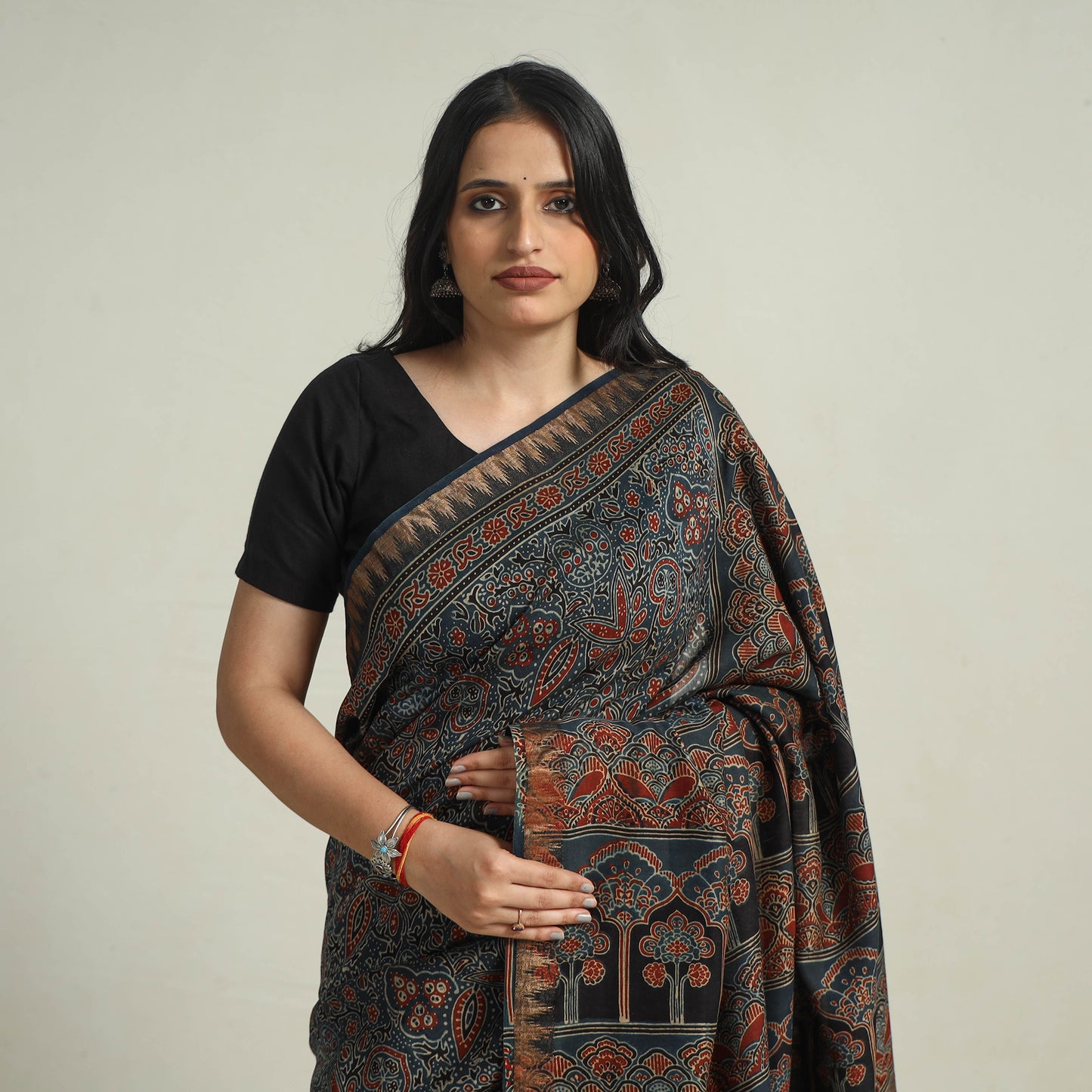 Blue - Block Printed Chanderi Silk Ajrakh Saree 12