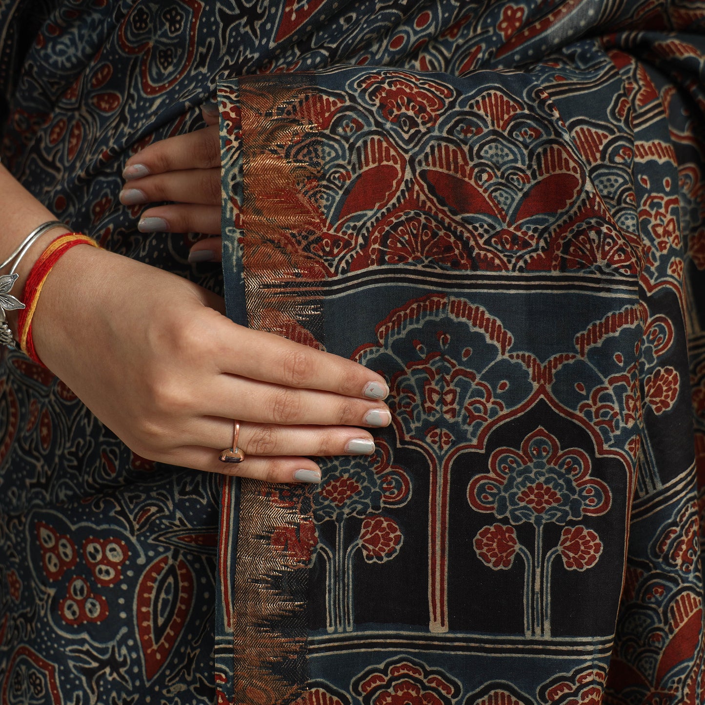 Blue - Block Printed Chanderi Silk Ajrakh Saree 12