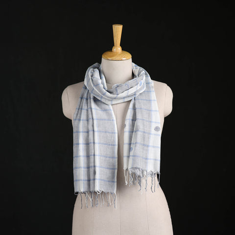 Grey - Phulia Jamdani Pure Handloom Cotton Stole with Tassels 13