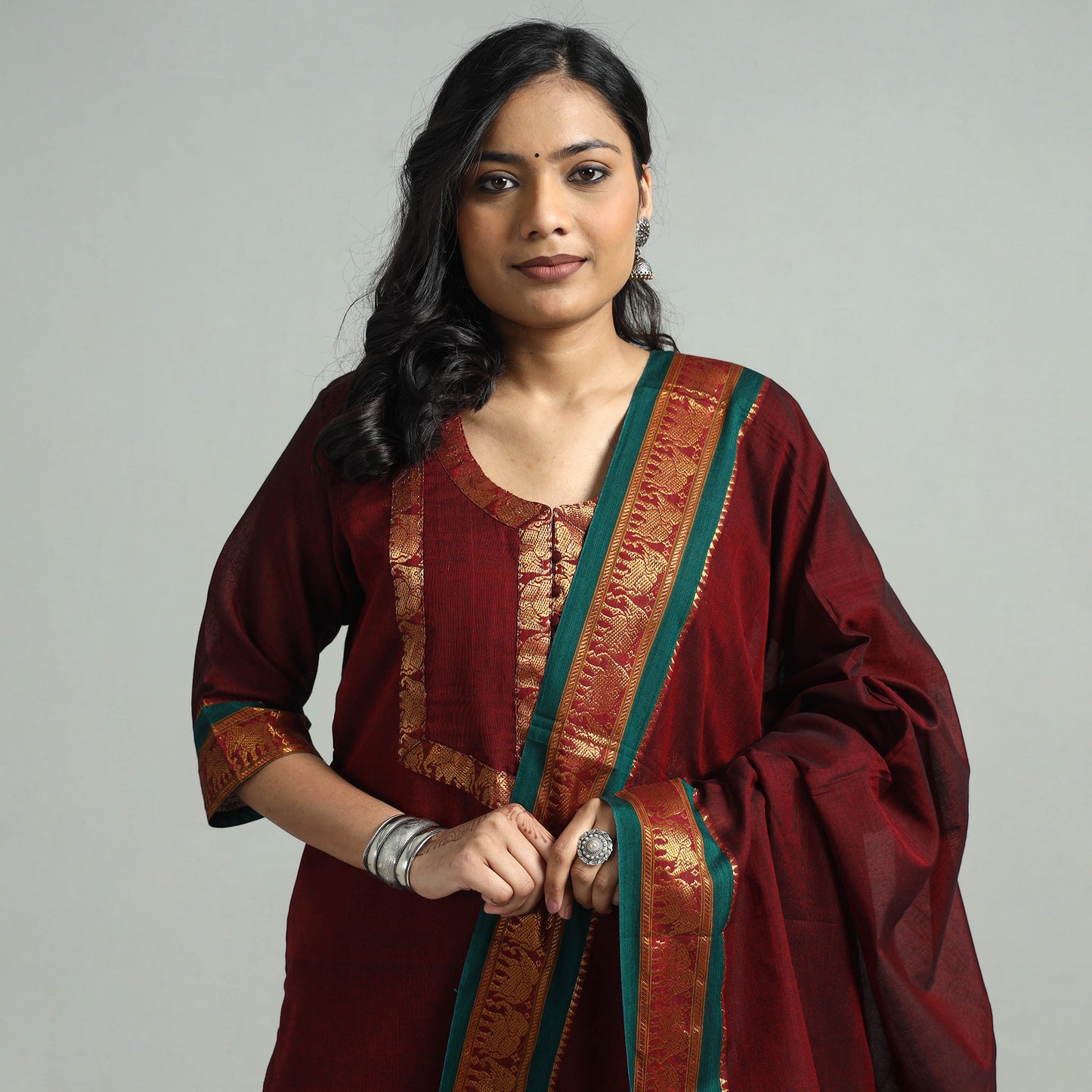 Maroon - Dharwad Cotton Kurta with Palazzo & Dupatta Set