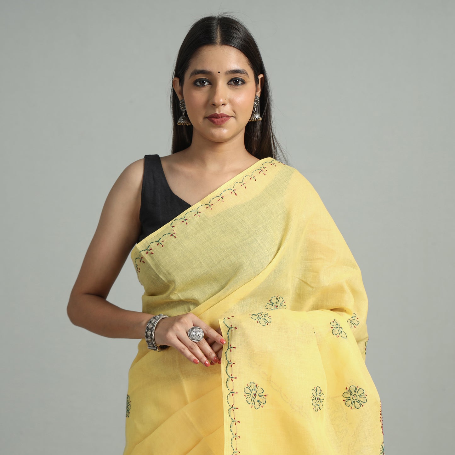 Yellow - Lucknow Chikankari Hand Embroidery Cotton Saree 55