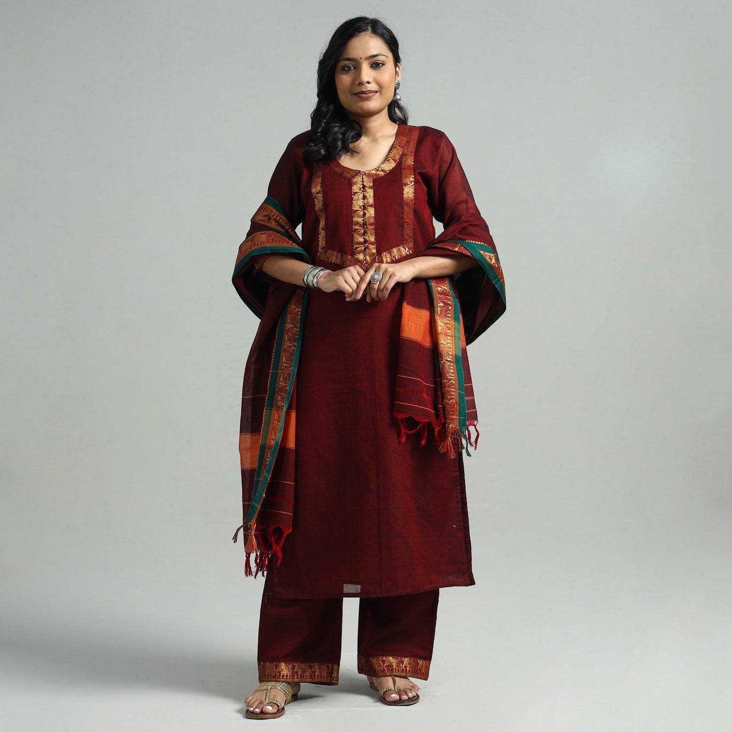 Maroon - Dharwad Cotton Kurta with Palazzo & Dupatta Set