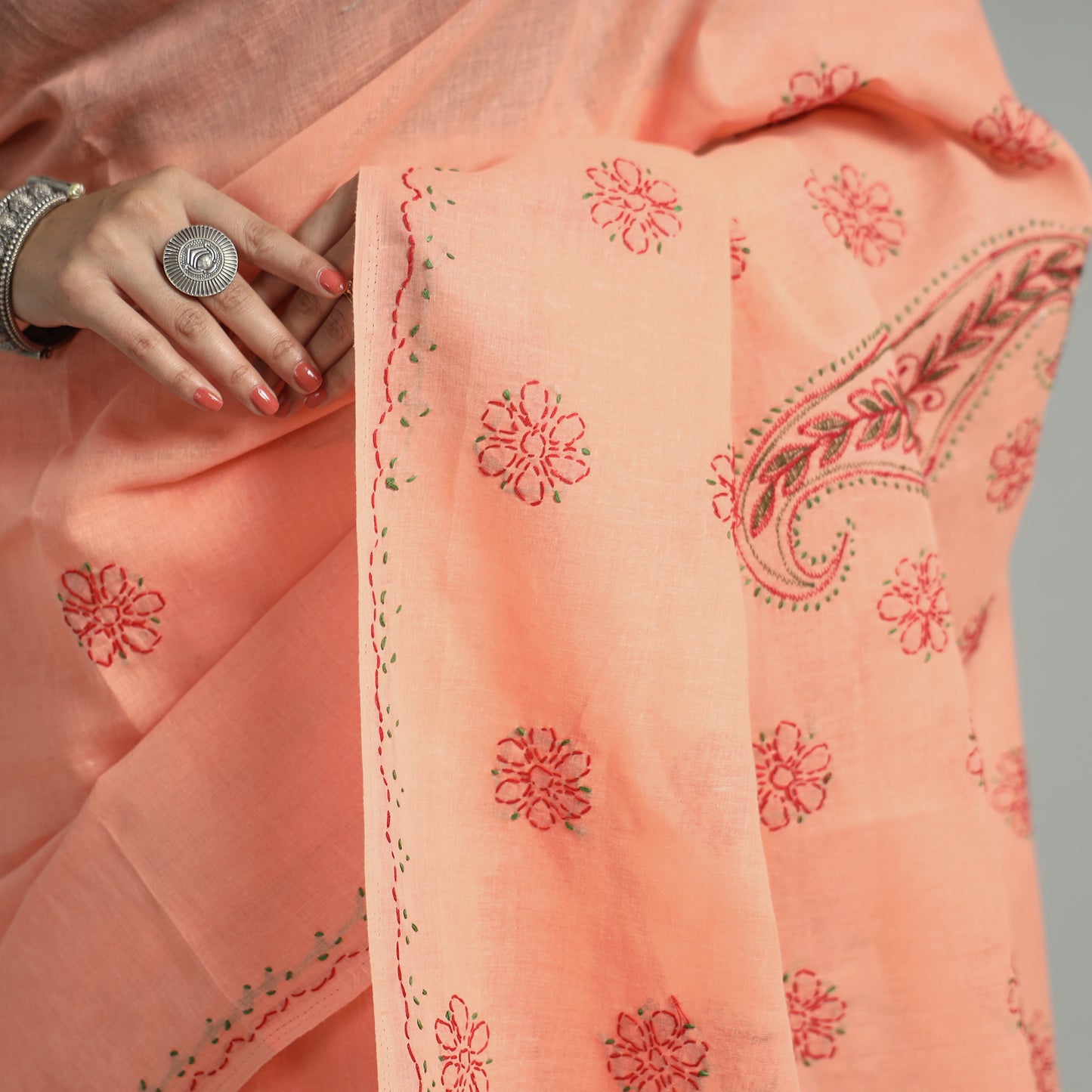 Orange - Lucknow Chikankari Hand Embroidery Cotton Saree 56