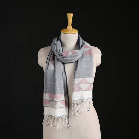 Grey - Phulia Jamdani Pure Handloom Cotton Stole with Tassels 21