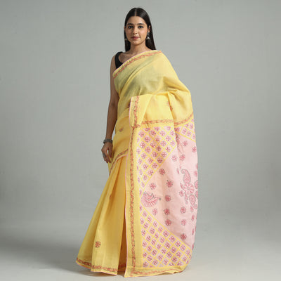 Yellow - Lucknow Chikankari Hand Embroidery Cotton Saree 57