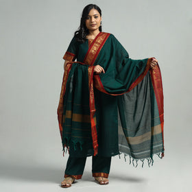 Dark Green - Dharwad Cotton Kurta with Palazzo & Dupatta Set