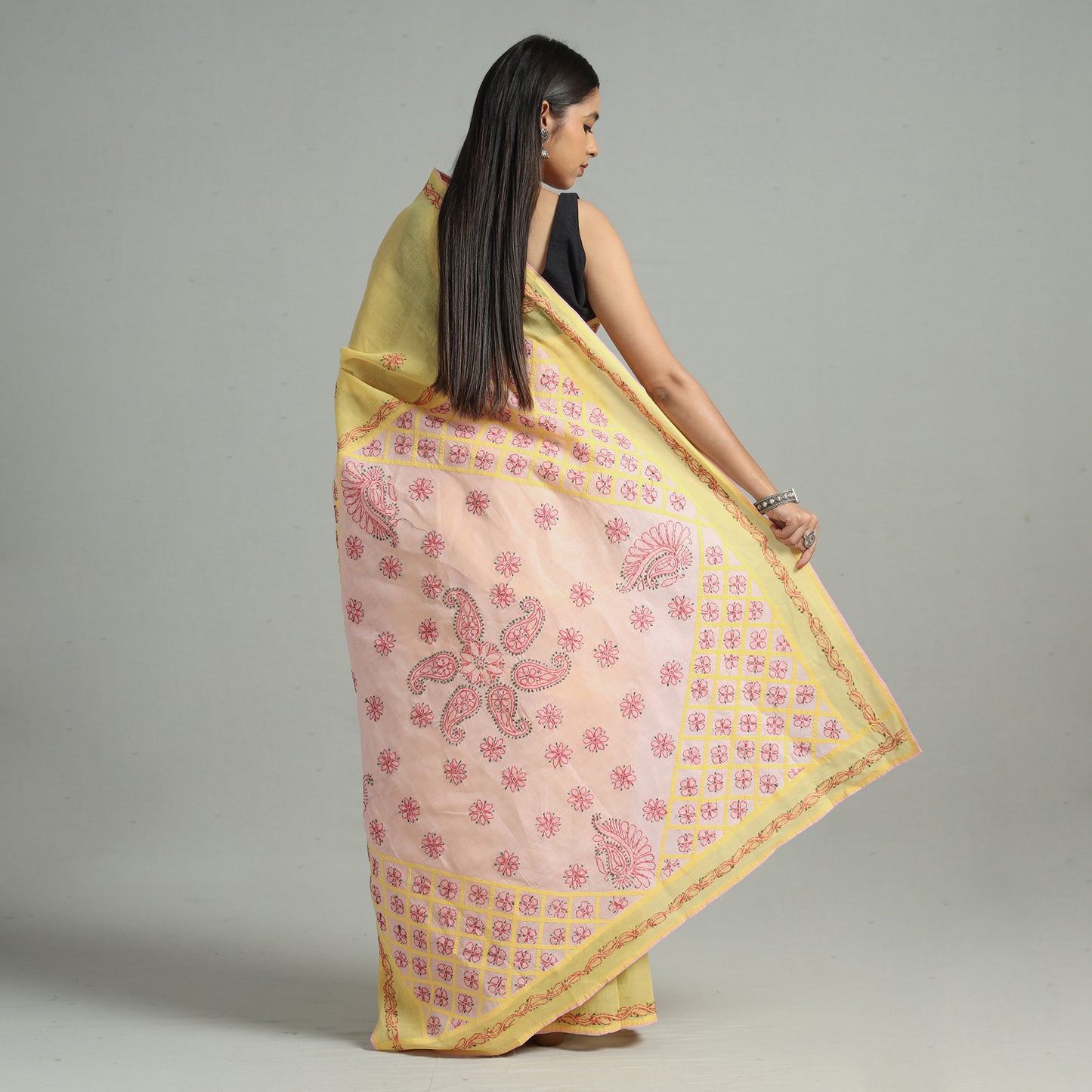 Yellow - Lucknow Chikankari Hand Embroidery Cotton Saree 57