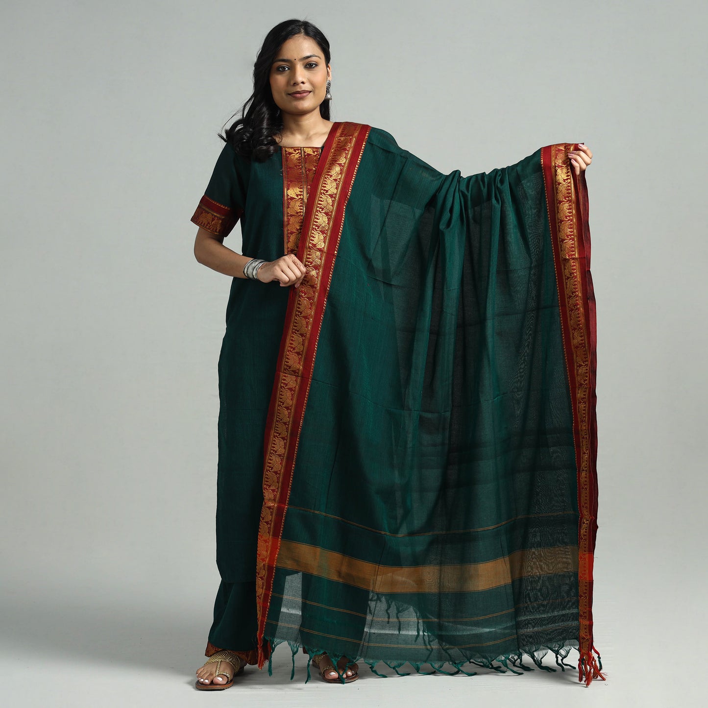 Dark Green - Dharwad Cotton Kurta with Palazzo & Dupatta Set