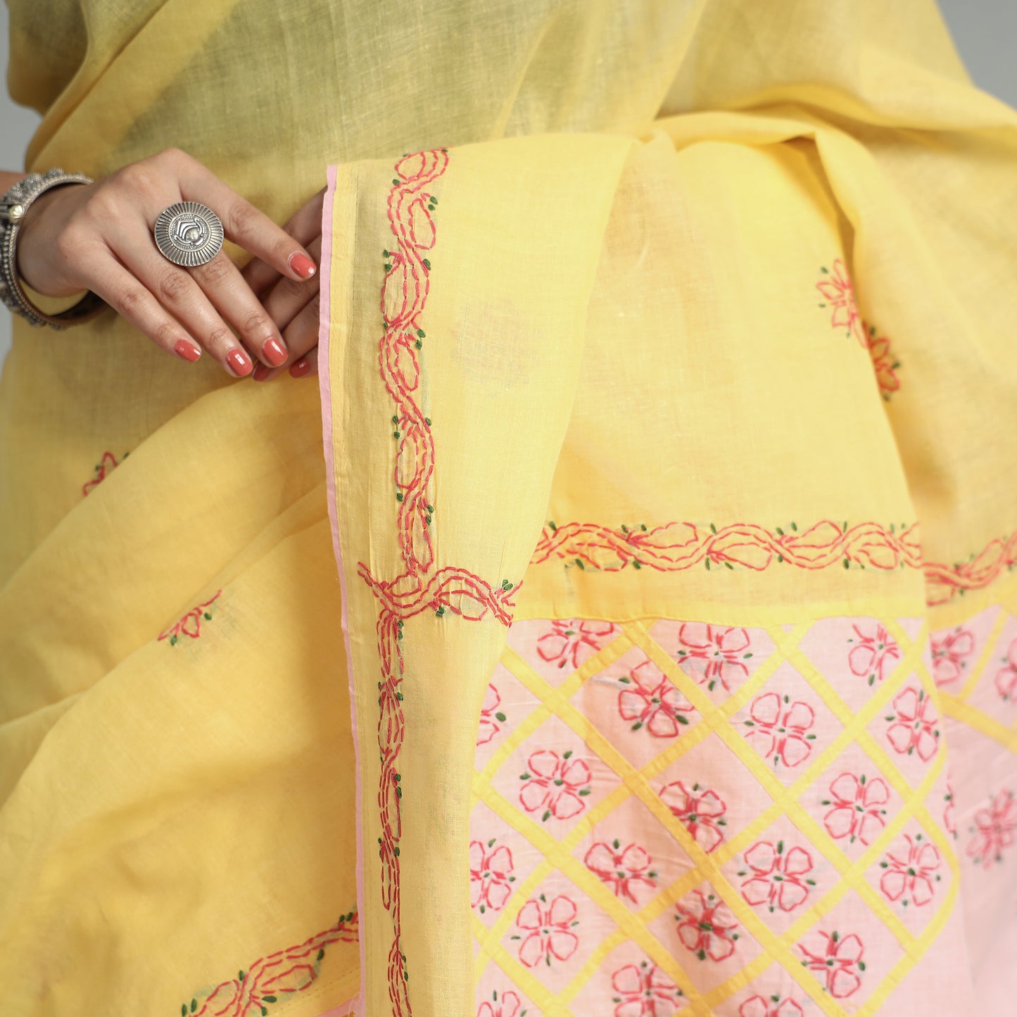 Yellow - Lucknow Chikankari Hand Embroidery Cotton Saree 57