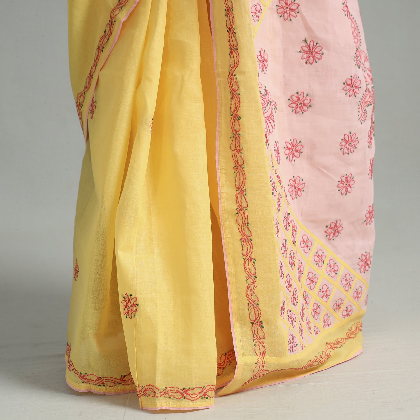 Yellow - Lucknow Chikankari Hand Embroidery Cotton Saree 57