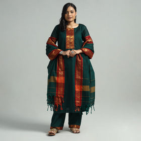 Dark Green - Dharwad Cotton Kurta with Palazzo & Dupatta Set