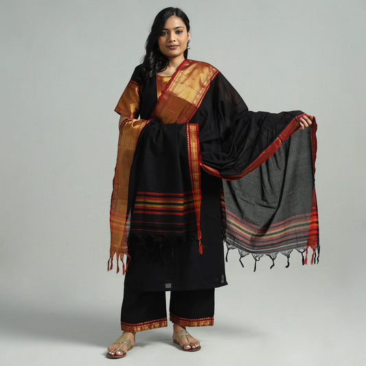 Black - Dharwad Cotton Kurta with Palazzo & Dupatta Set