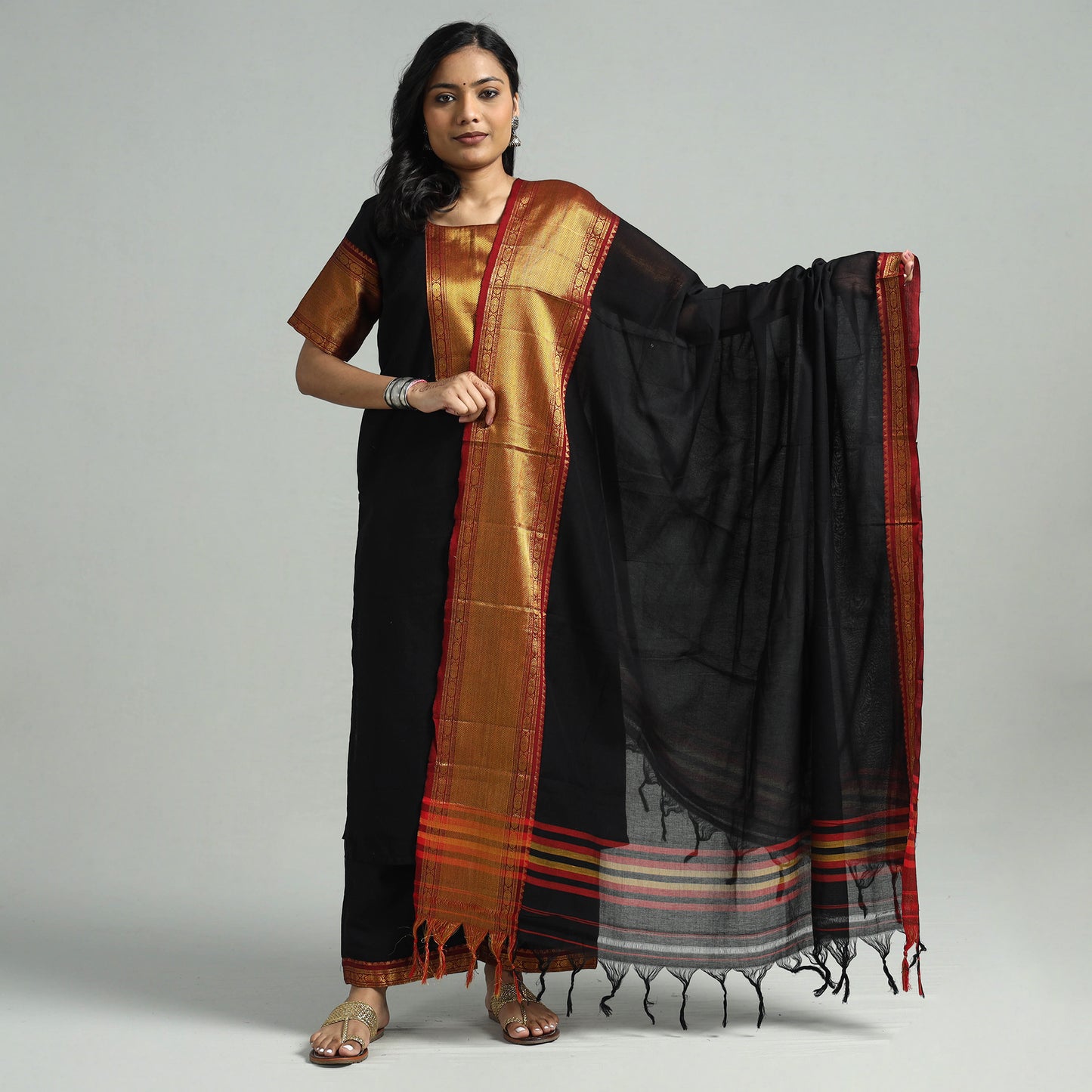 Black - Dharwad Cotton Kurta with Palazzo & Dupatta Set