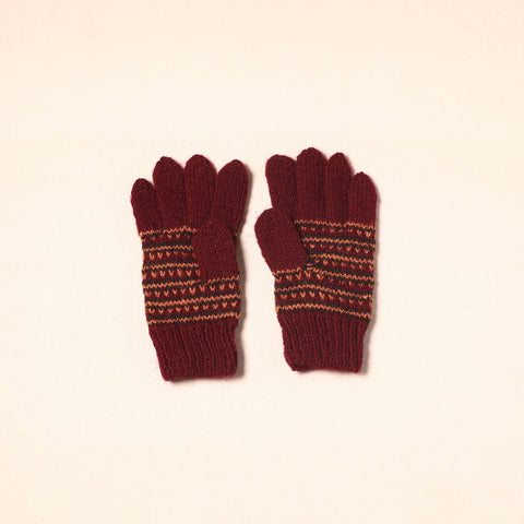 Maroon Kumaun Hand Knitted Woollen Hand Gloves (Adult)