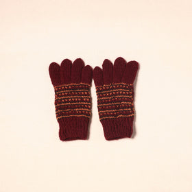 Maroon Kumaun Hand Knitted Woollen Hand Gloves (Adult)