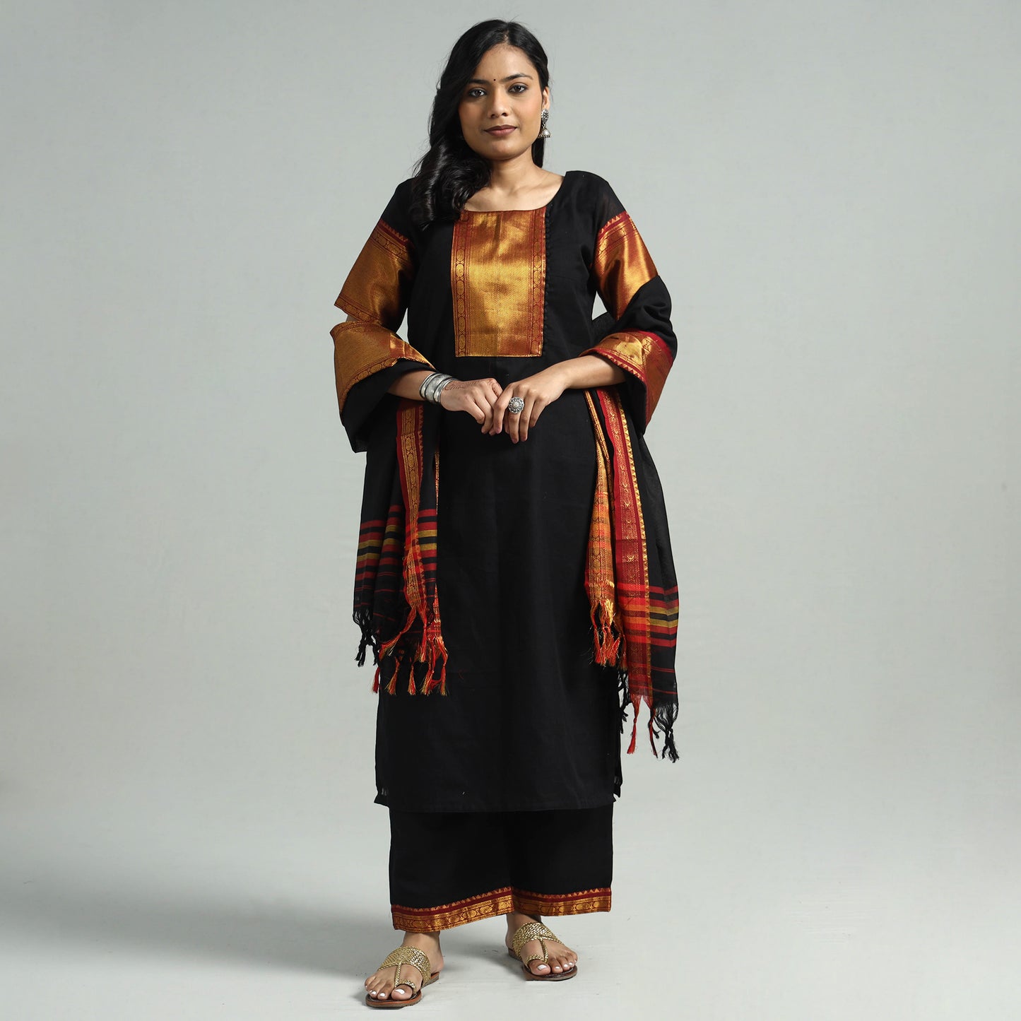 Black - Dharwad Cotton Kurta with Palazzo & Dupatta Set