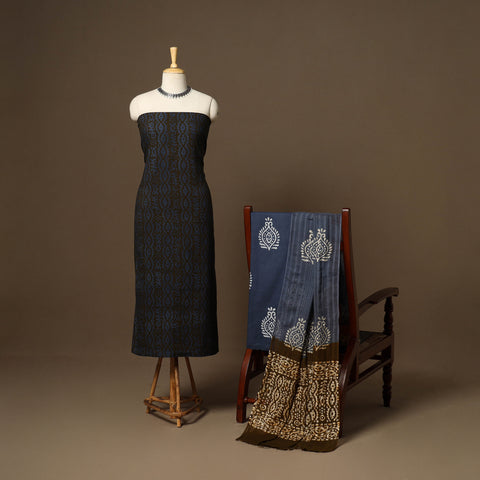 Blue - 3pc cotton unstitched hand batik dress material 10