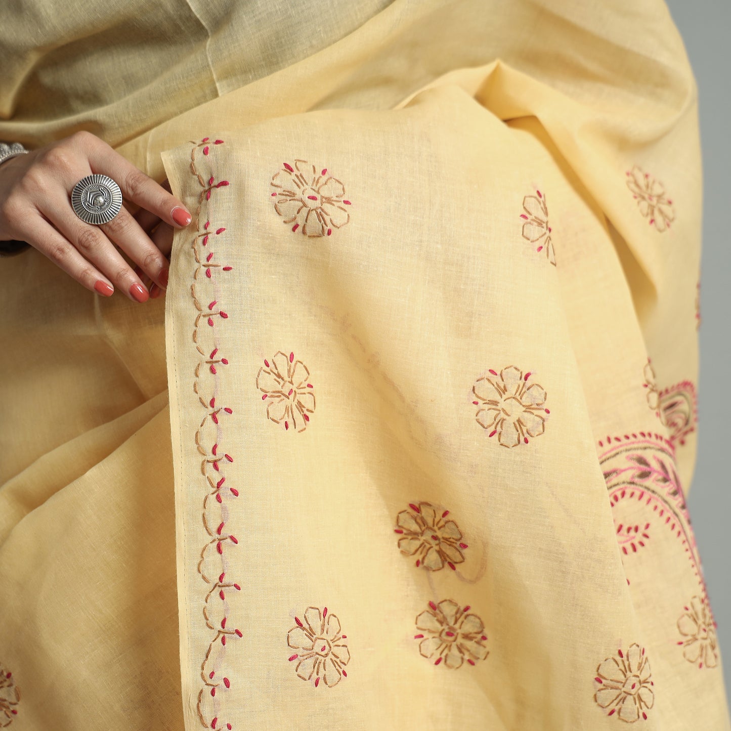 Orange - Lucknow Chikankari Hand Embroidery Cotton Saree 59