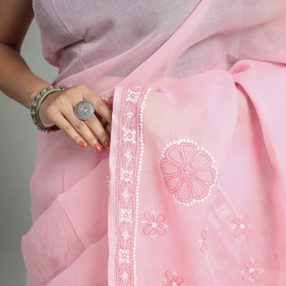 Pink - Chikankari Hand Embroidered Cotton Saree 60