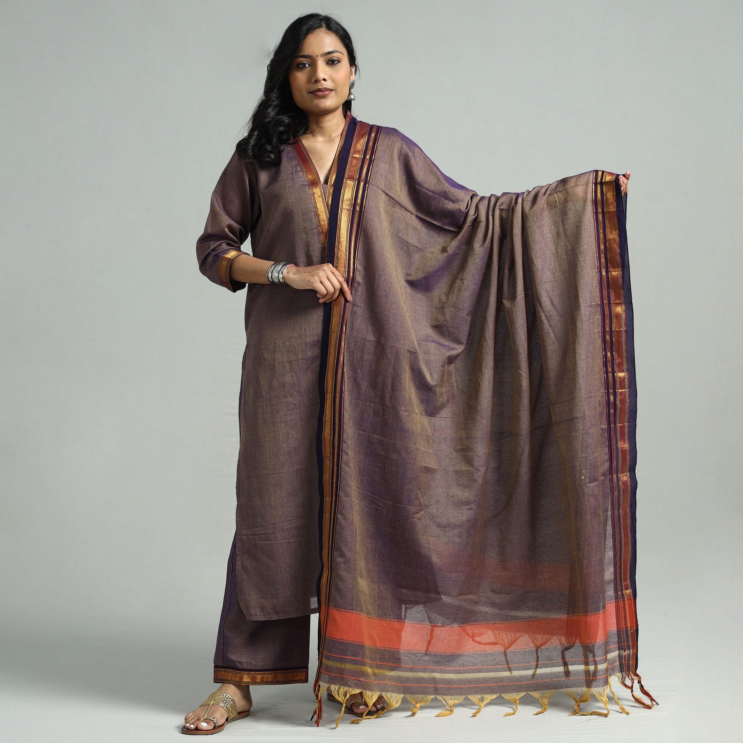 Brown - Dharwad Cotton Kurta with Palazzo & Dupatta Set