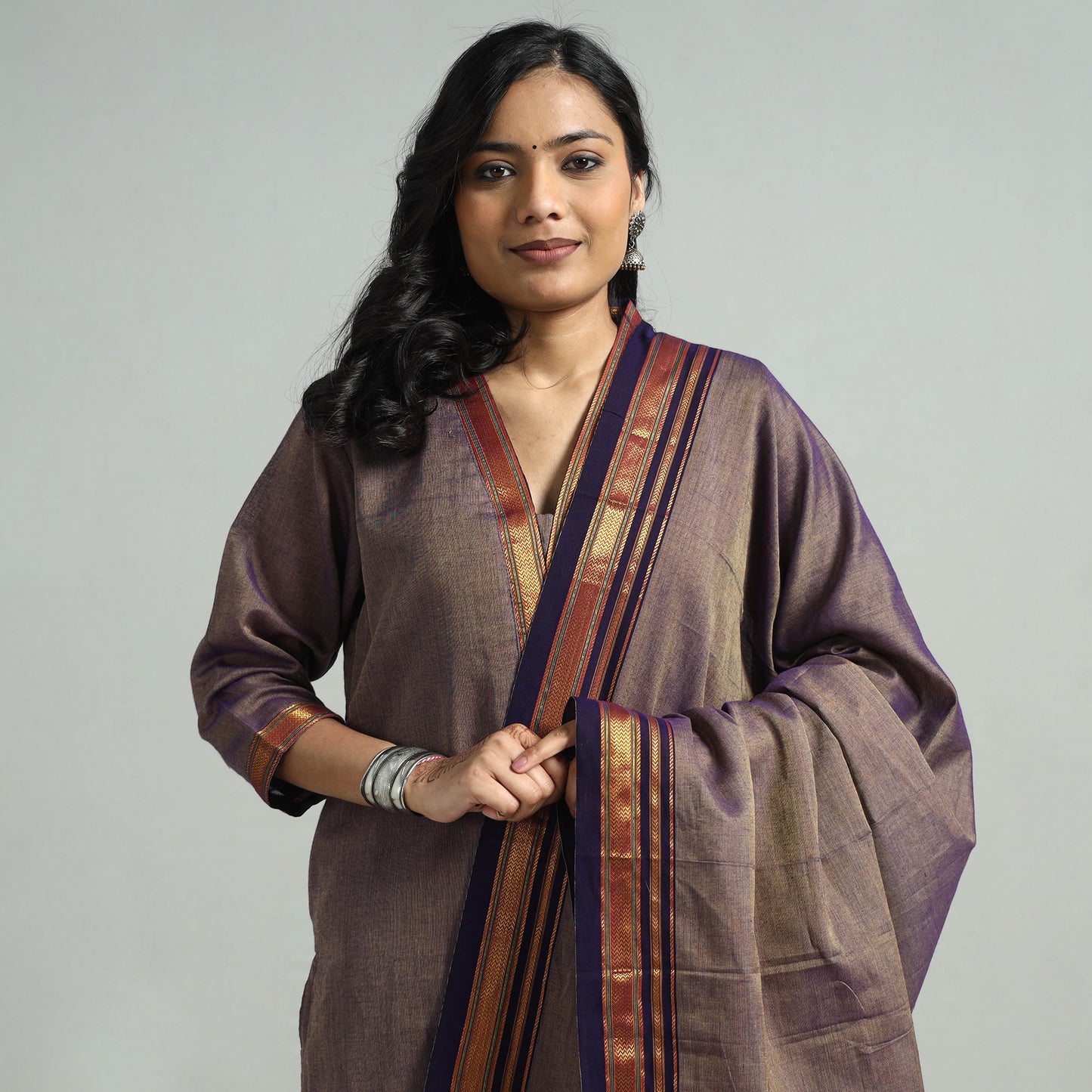 Brown - Dharwad Cotton Kurta with Palazzo & Dupatta Set