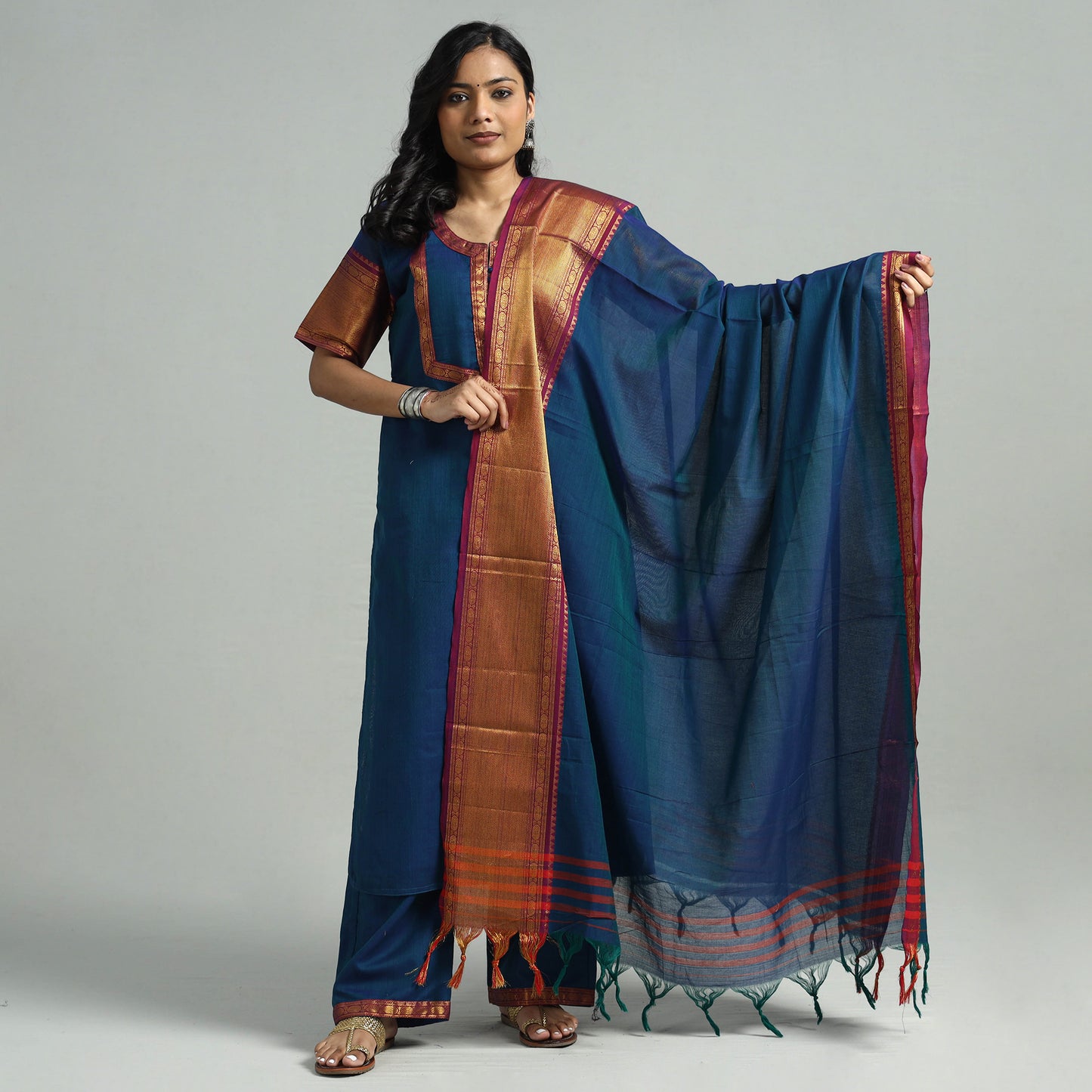 Blue - Dharwad Cotton Kurta with Palazzo & Dupatta Set