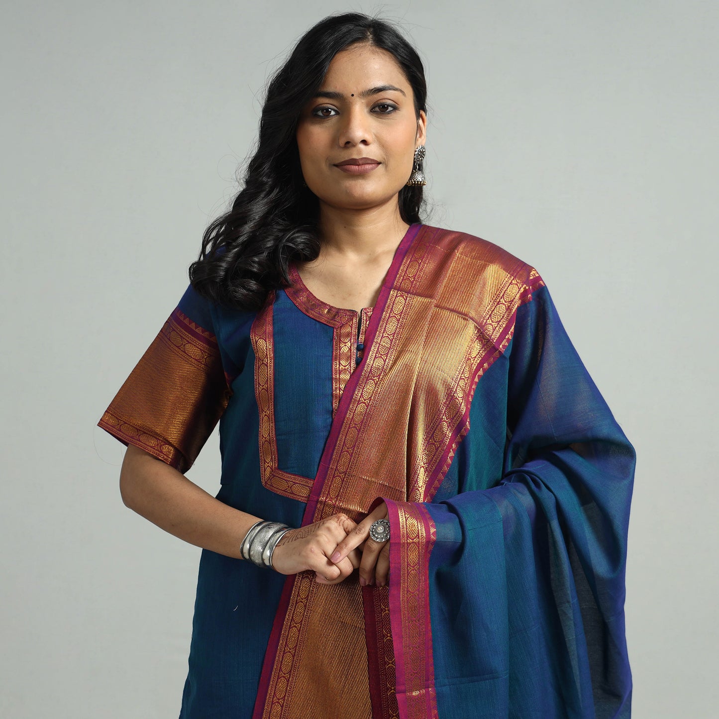 Blue - Dharwad Cotton Kurta with Palazzo & Dupatta Set