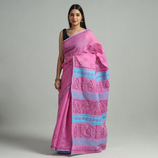 Pink - Lucknow Chikankari Hand Embroidery Cotton Saree 63