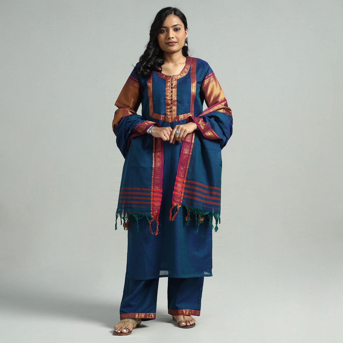 Blue - Dharwad Cotton Kurta with Palazzo & Dupatta Set