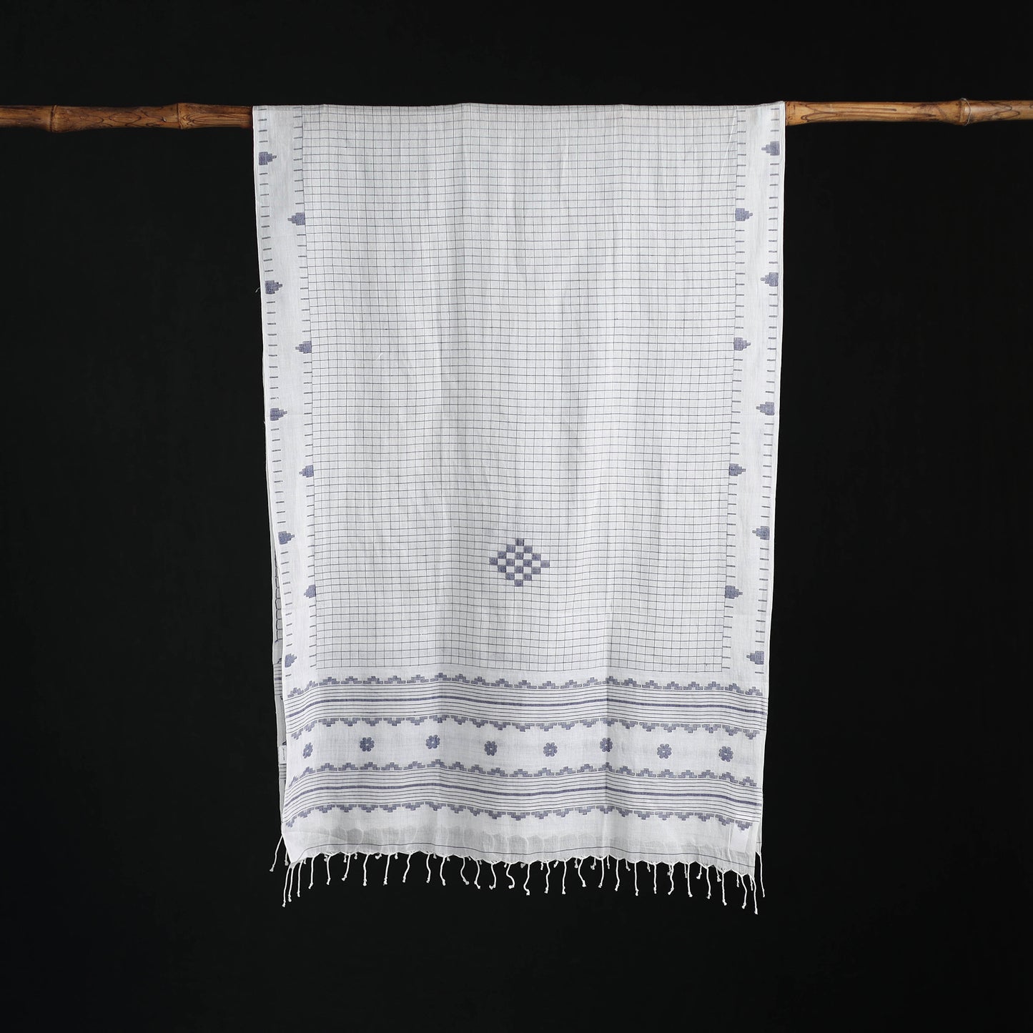 Phulia Jamdani Pure Handloom Cotton Stole with Tassels 12