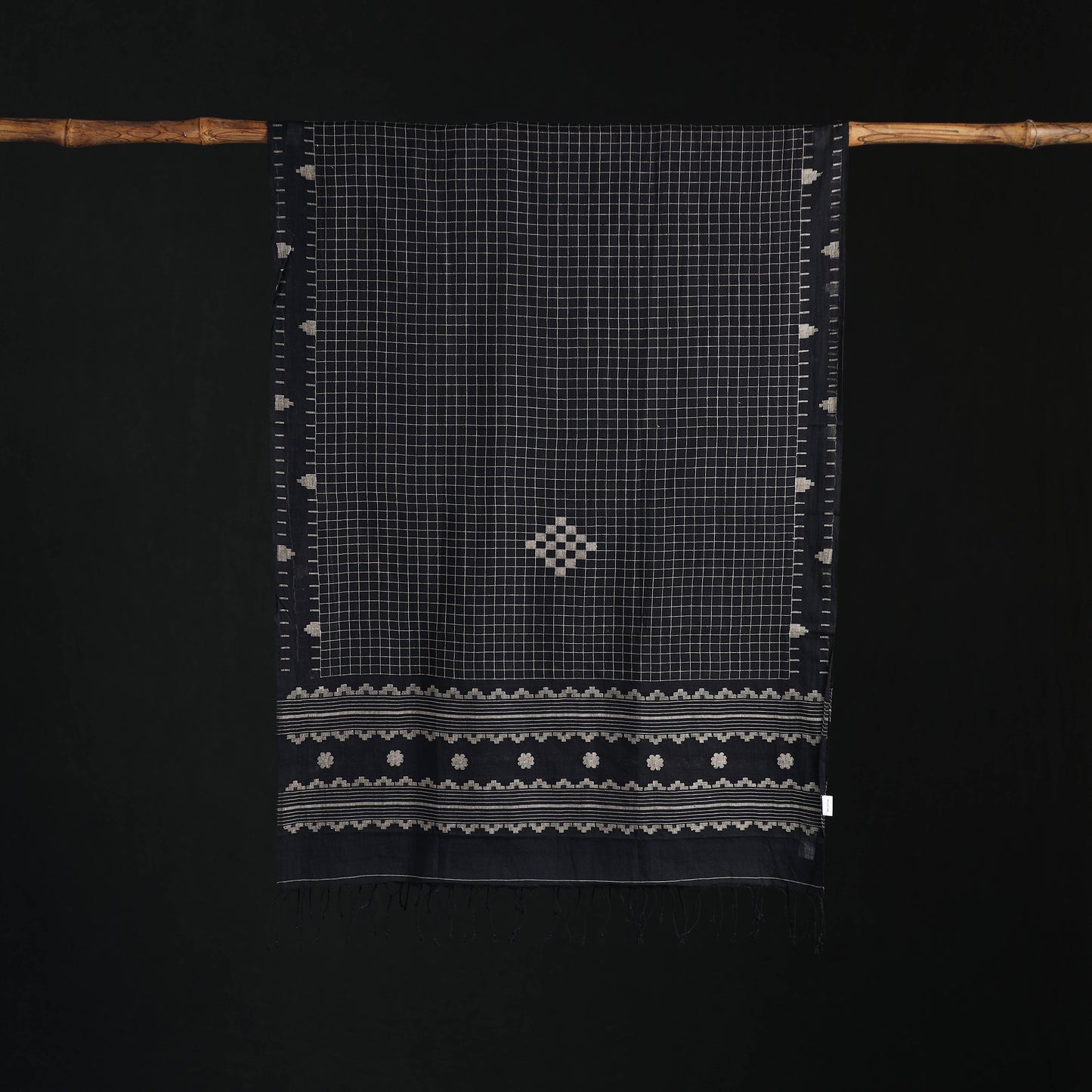 Phulia Jamdani Pure Handloom Cotton Stole with Tassels 1 1
