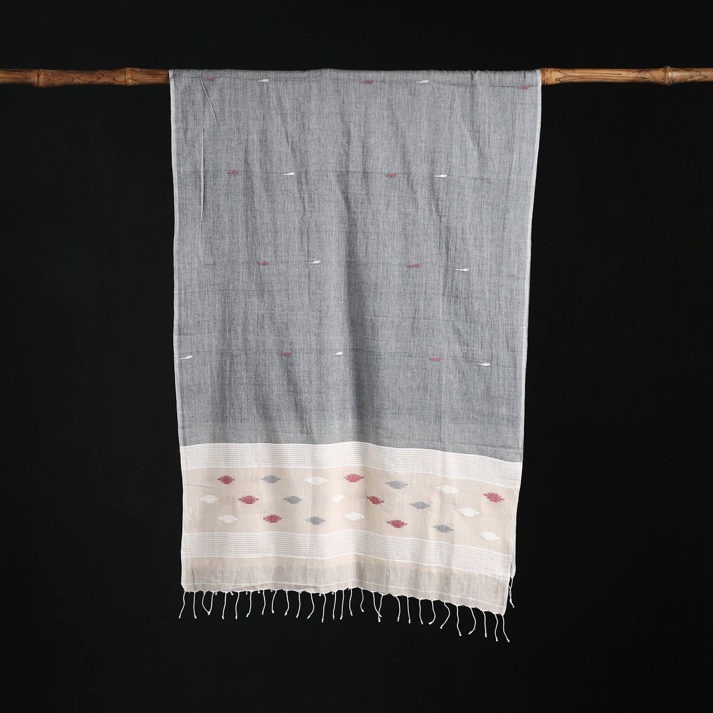 Phulia Jamdani Pure Handloom Cotton Stole with Tassels 07