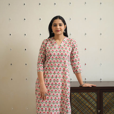 Peach - Block Print Cotton Straight Sanganeri Kurta 27