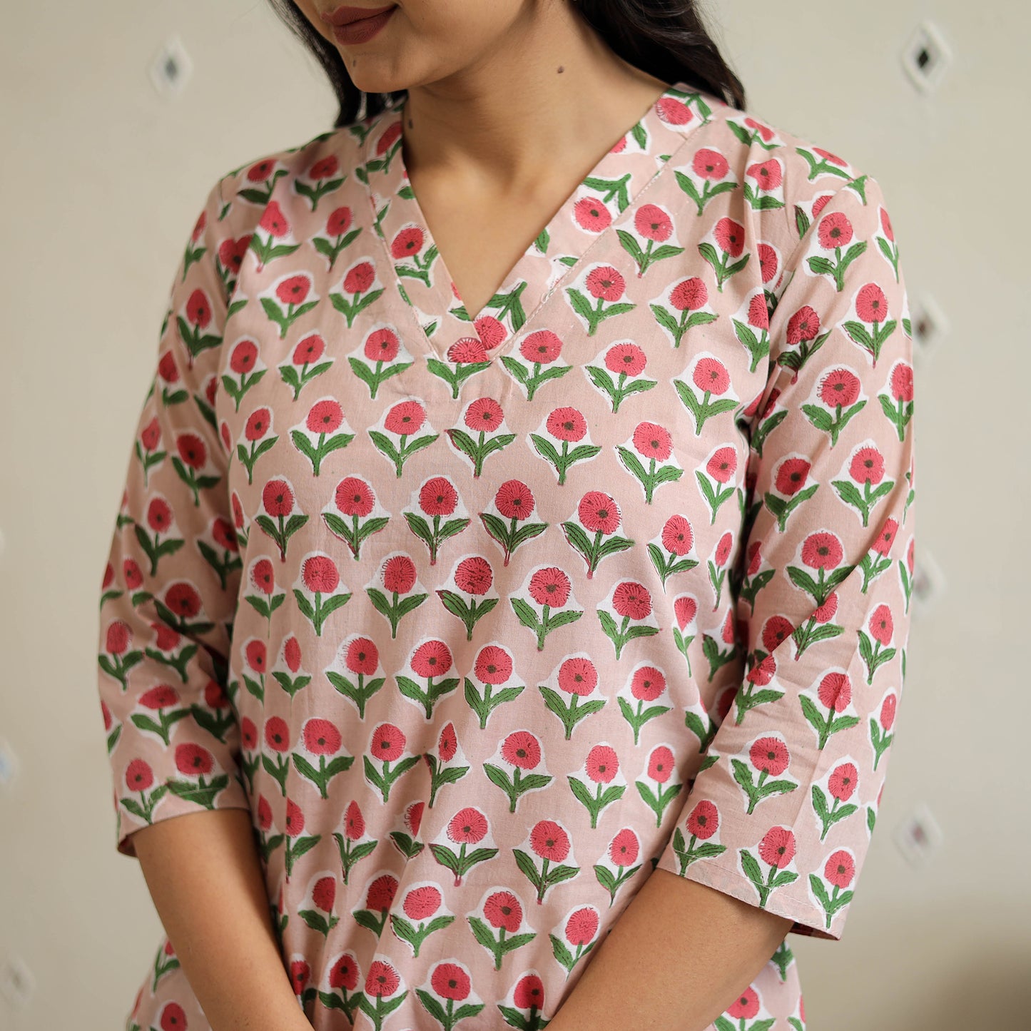 Peach - Block Print Cotton Straight Sanganeri Kurta 27