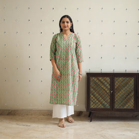 Buy Green Block Print Cotton Straight Sanganeri Kurta 