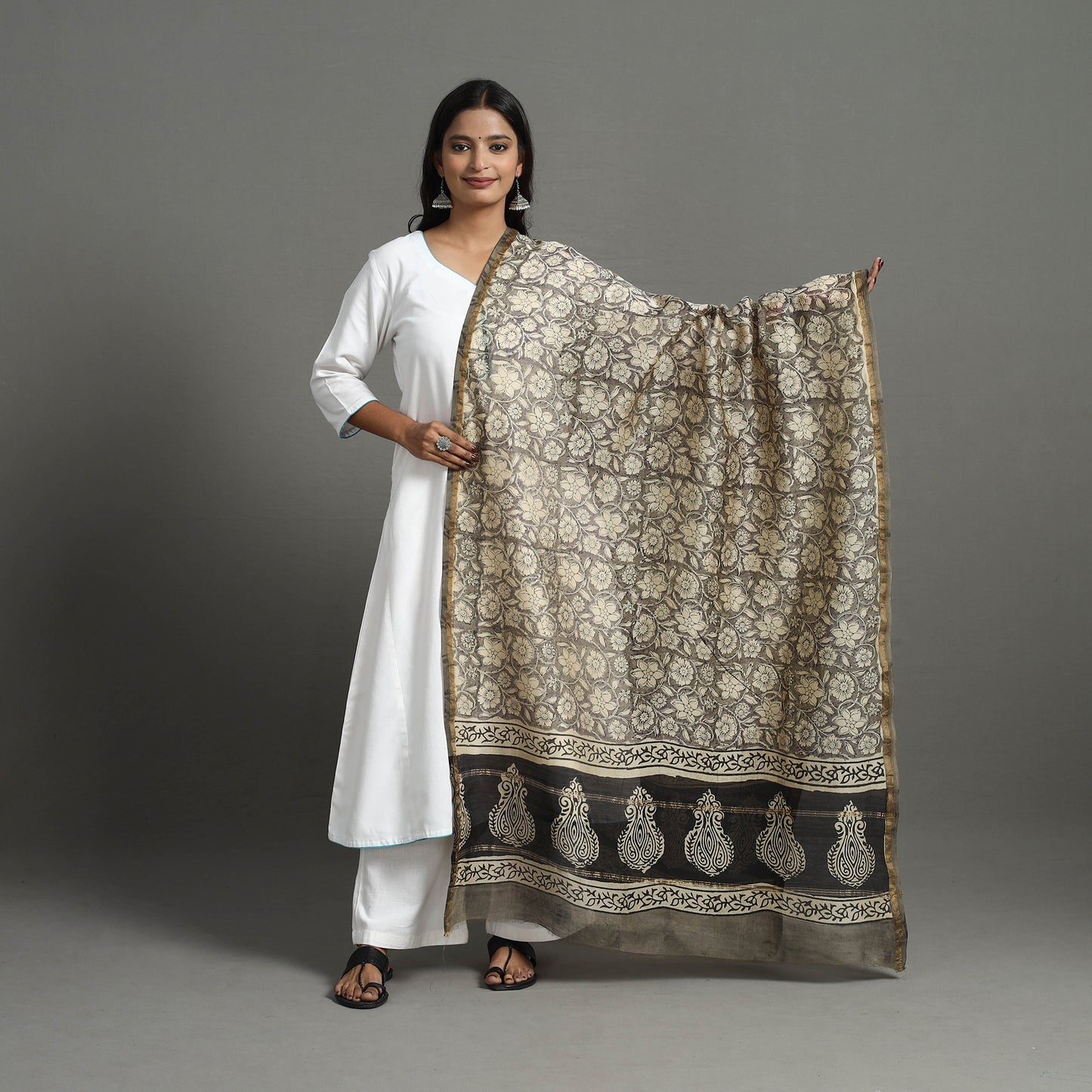 Grey - Chanderi Silk Bagru Print Dupatta with Zari Border 23