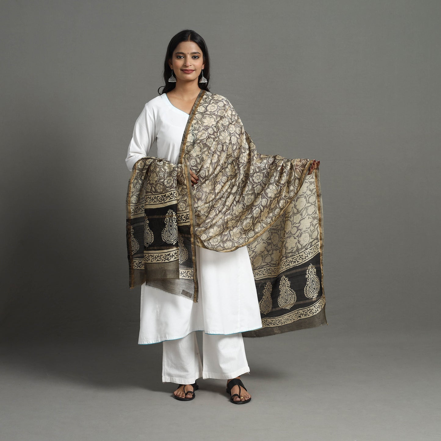 Grey - Chanderi Silk Bagru Print Dupatta with Zari Border 23