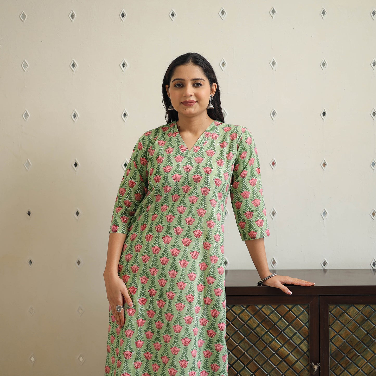 Buy Green Block Print Cotton Straight Sanganeri Kurta 