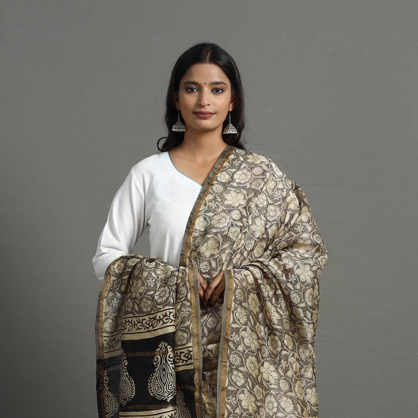 Grey - Chanderi Silk Bagru Print Dupatta with Zari Border 23