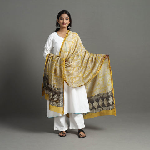 Yellow - Chanderi Silk Bagru Print Dupatta with Zari Border 24